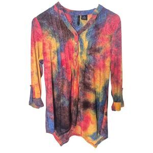 New Directions Rainbow Tie-dye Roll Tab Sleeve Tunic Top Groovy Size Medium